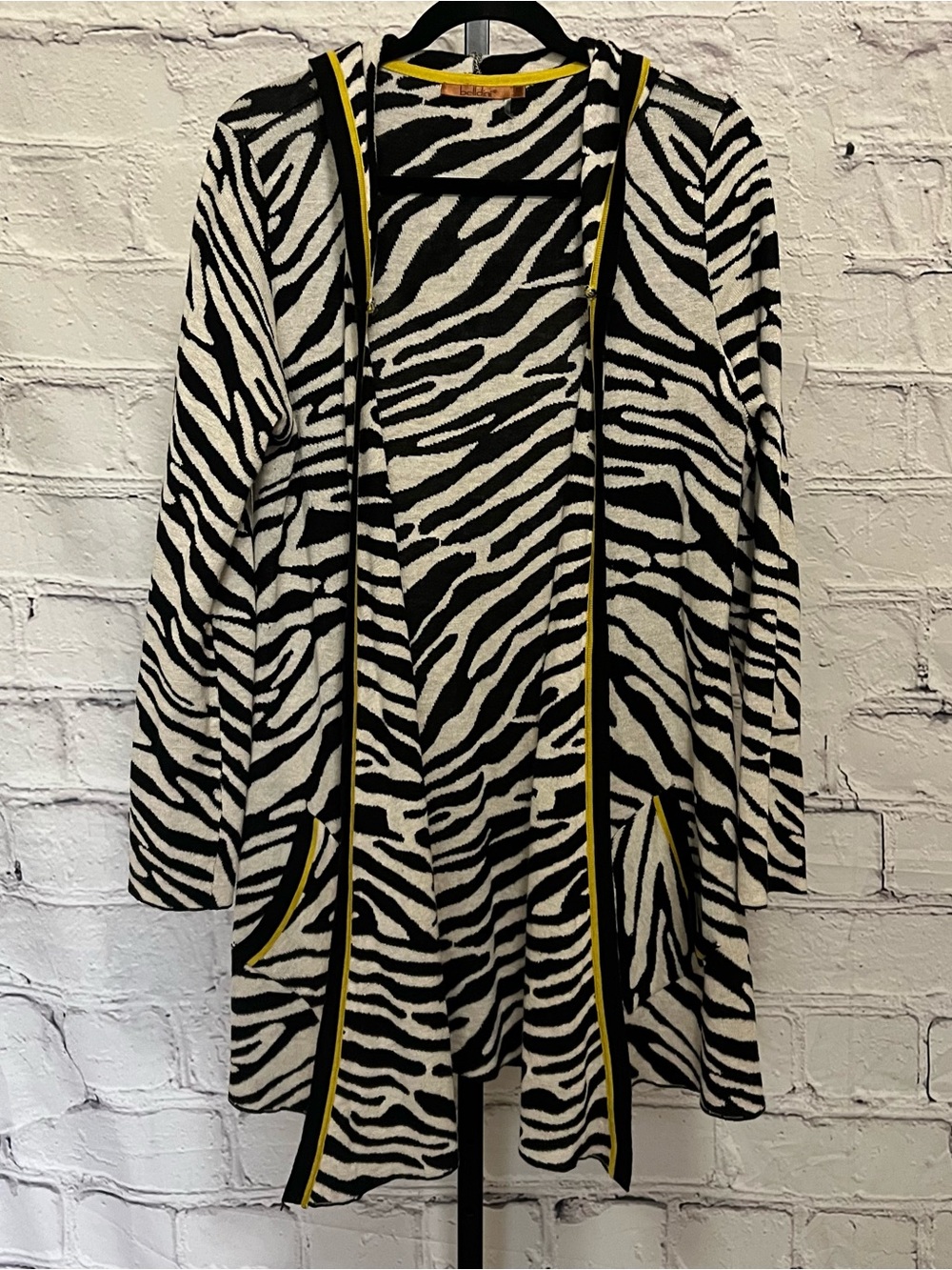 Belldini Zebra Print Open Front Cardigan Jacket with Yellow Trim and Hood